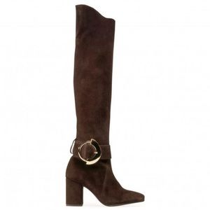 Pinko Brown Suede Tall Boots with Gold Logo Buckle